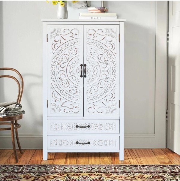 TallWhiteStorageCabinetwithCarvedDoorsandDrawersRusticWoodPantryOrganizerforEntrywayorKitchen-Koiai