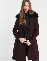 Thumbnail for your product : Morgan double-breasted coat with faux-fur collar detail in burgundy