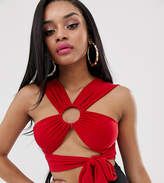 Thumbnail for your product : PrettyLittleThing Petite Petite slinky wrap crop top with ring detail in red