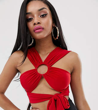 PrettyLittleThing Petite Petite slinky wrap crop top with ring detail in red