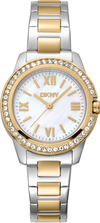 DKNY Women's White Mop Dial Crystal Bezel Two-Tone Gold Stainless Steel Bracelet Watch 30mm