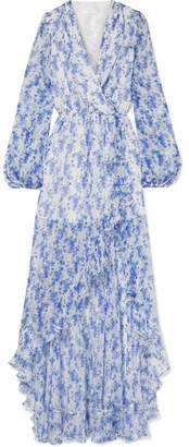 Caroline Constas Liv Wrap-effect Floral-print Silk-chiffon Maxi Dress - Blue