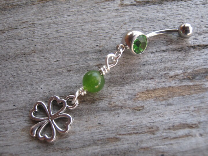 Etsy Lucky Shamrock Belly Ring, Green Jade Button Jewelry, Personalized Piercing, St Patricks Day Body Irish 4 Leaf Clover, Luck
