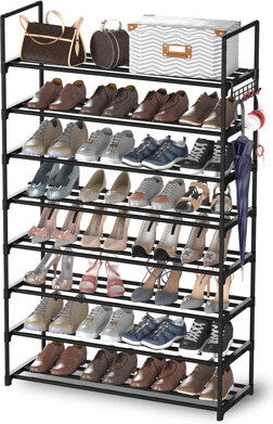 8 Tiers Metal Shoe Rack,Adjustable Shoe Shelf Storage Organizer With Hooks,Stackable Boot & Shoe Storage,For Entryway,Hallway,Closet,Black