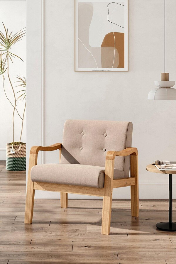 Living and Home Beige Wood Frame Upholstered Armchair with Square Leg