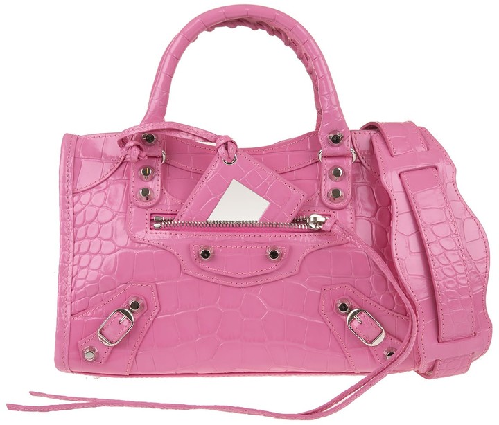 Balenciaga Pink Shiny Classic Mini City Bag With Crocodile Effect ...