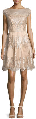 Kay Unger New York Cap-Sleeve Metallic Lace Fit-and-Flare Dress, Mocha
