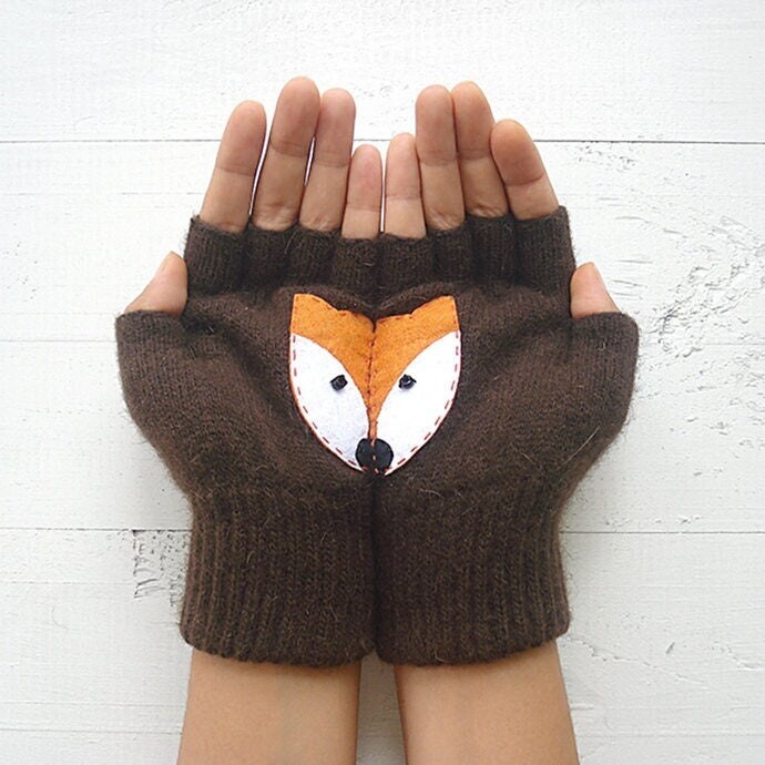 Fox Fingerless Gloves Whimsical Brown Felt Mittens