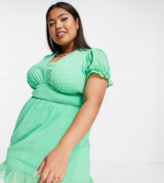 Simply Be puff sleeve dobby skater dress in green - ShopStyle