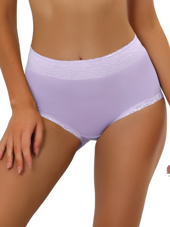 Unique Bargains Women’s Cotton High-Lace Trim Tummy Full Coverage Brief Breathable Panties L Purple