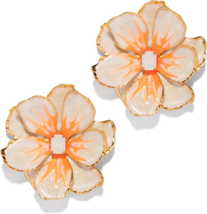 The Pink Reef Large Jewel Box Floral Earrings In Neon Orange Pearl