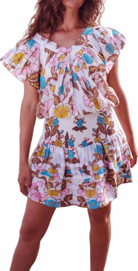 Bell Pleated Smocked Mini Skirt In Turquoise Yellow Floral