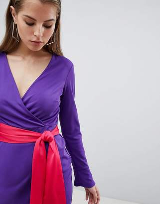 ASOS Design DESIGN Maxi Dress With Long Sleeve And Contrast Belt-Purple