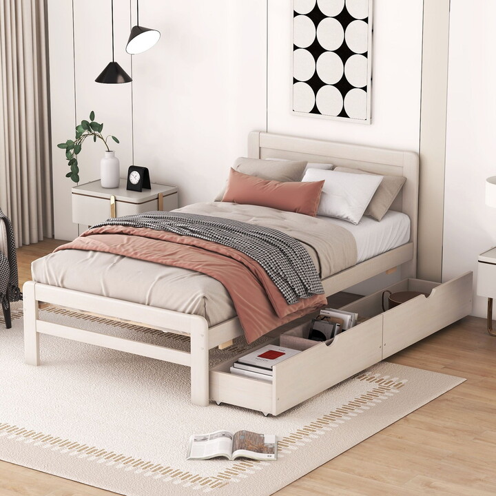 Aukfa Platform Bed with 2 Storage Drawers, Twin Bed Frame with Headboard for Kids, Wood - White