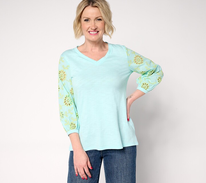 Belle By Kim Gravel As Is Slub Knit Contrast Stitch Top
