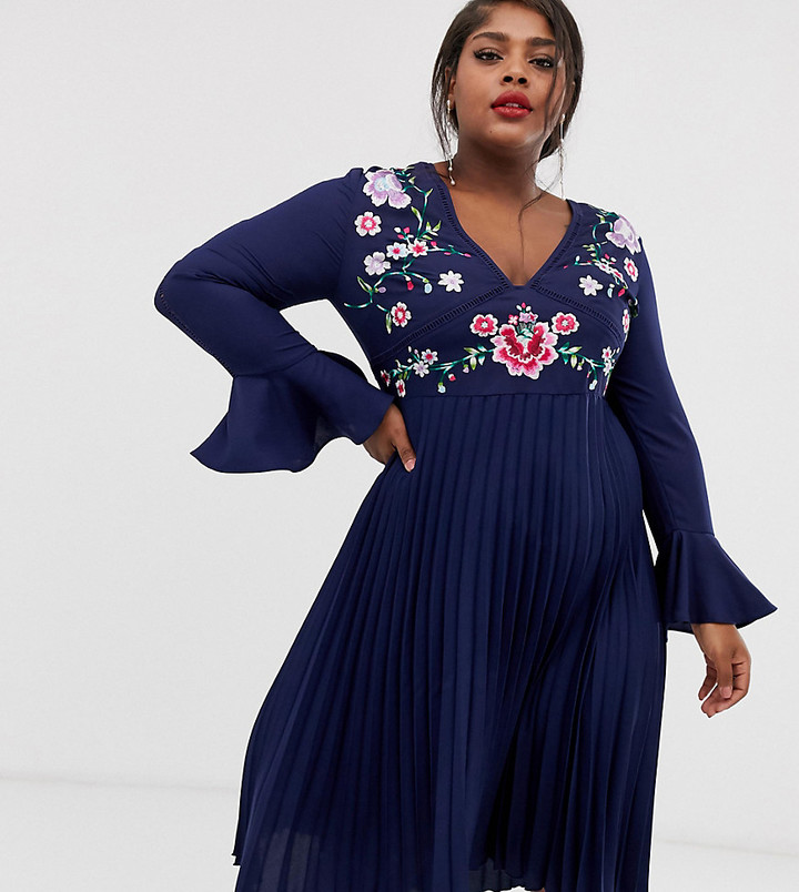 embroidered pleated midi dress