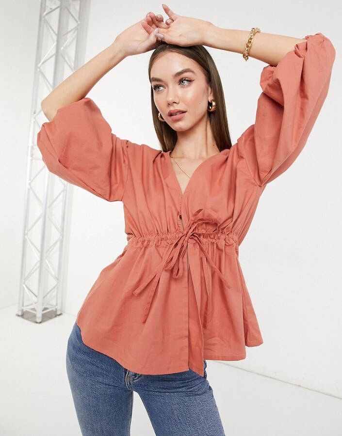 ASOS DESIGN tie waist kimono top with puff sleeves in dusty pink-No colour