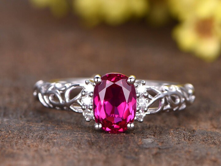 Etsy Oval Cut Ruby Engagement Ring 14K White Gold Ring Diamond Wedding Band Anniversary Ring Deco Floral Hollow Style Promise