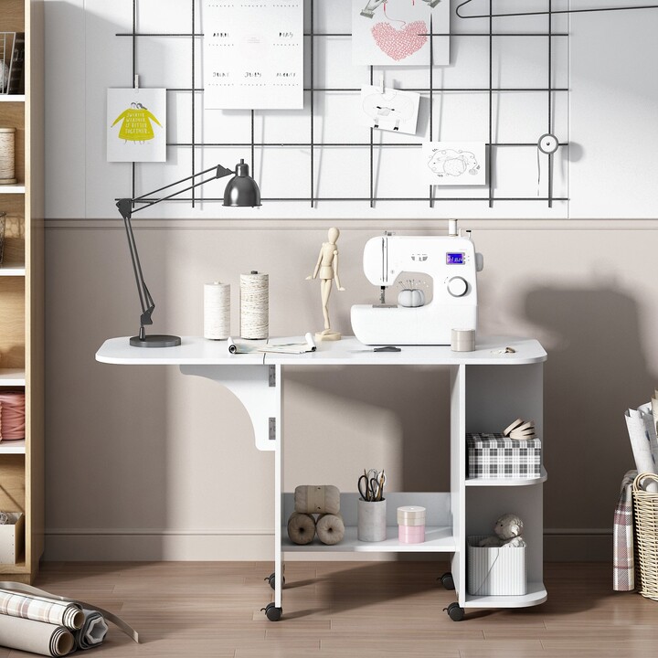 GEROJO Wood Folding Sewing Table with Lockable Casters, Versatile Craft