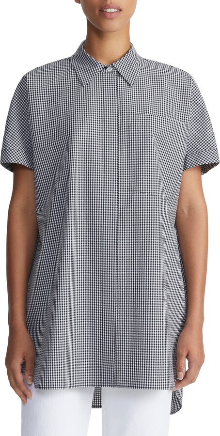 Lafayette 148 New York Oversize Longline Gingham Short Sleeve Tunic Button-Up Shirt