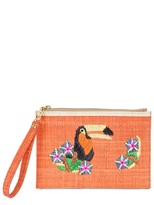 Thumbnail for your product : Serpui Marie Toucan Embroidered Straw Pouch