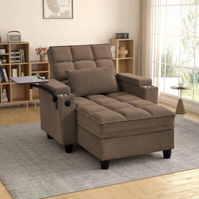 Latitude Run 41.5'' Convertible Chair Single Sleeper with USB&Type-C, 2 Cup Holders, Side Table, Under-seat Storage&Storage Armrests