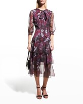 Thumbnail for your product : Marchesa Notte Tie-Neck Floral Chiffon Tiered Midi Dress