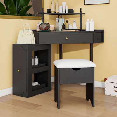 Alcott Hill Corner Vanity Desk Set with Storage Stool, Side Cabinet and Charging Station