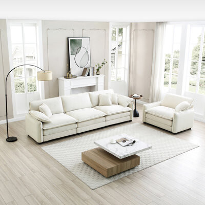 Corrigan Studio 2 Beige Corduroy . Simple Yet Stylish. Provide Comfort In Your Living Room Mid-century Modern : With 3 Single Seat And 4 Pillows For