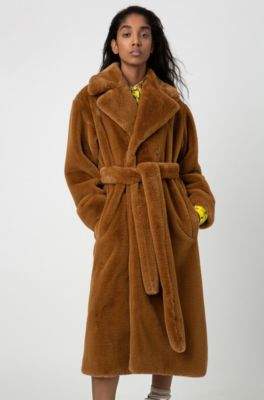 HUGO Belted relaxed-fit coat in faux fur