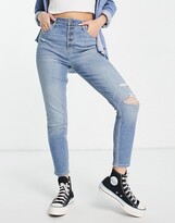 Thumbnail for your product : Abercrombie & Fitch Curve Love high rise distressed ankle grazer skinny jeans in mid wash blue