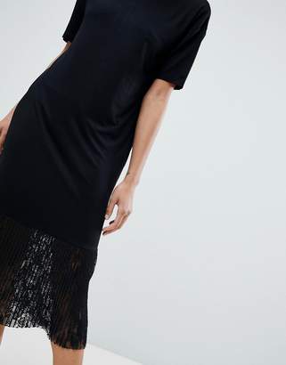 ASOS DESIGN Midi T-Shirt Dress with Pleated Lace Hem