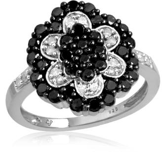 Ice 1 CT TW Round Black and White Diamond Sterling Silver Flower Ring by JewelonFire