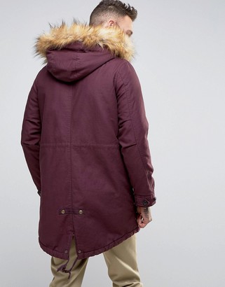 ASOS Parka Jacket In Burgundy With Faux Fur Lining