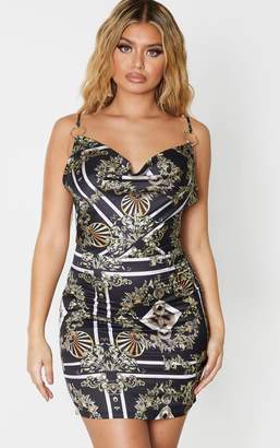 champagne satin cowl neck ring detail bodycon dress