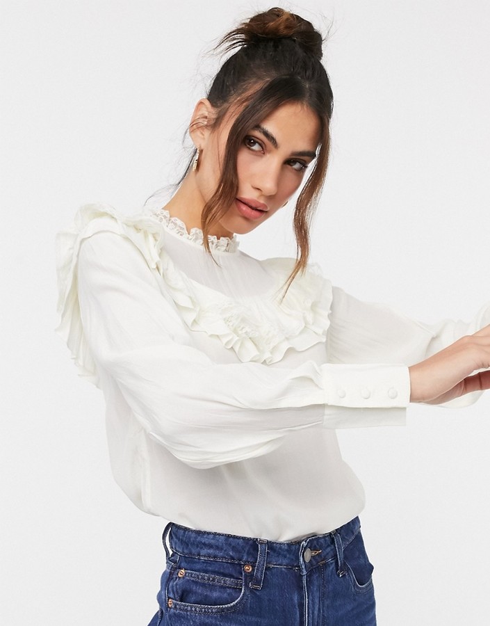 Vila ruffle detail blouse in cream