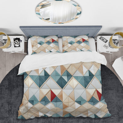 Design Art Grey And White Mosaic Tiles White/Green Microfiber Duvet Cover Set