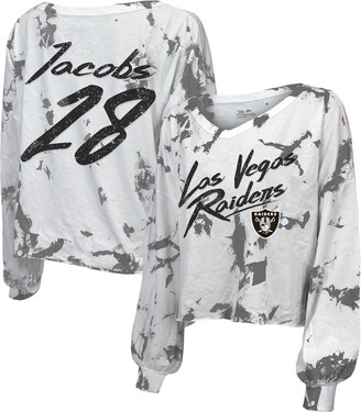 Majestic Women's Threads Josh Jacobs White Las Vegas Raiders Off-Shoulder Tie-Dye Name and Number Long Sleeve V-Neck Crop-Top T-shirt