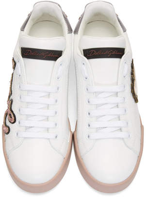 Dolce & Gabbana White and Pink Heart Patch Sneakers