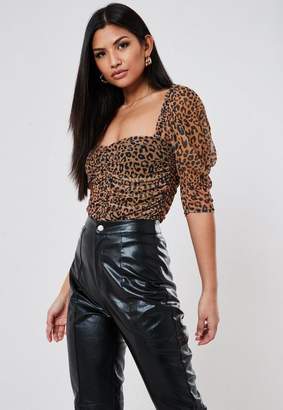 brown leopard mesh ruched milkmaid top