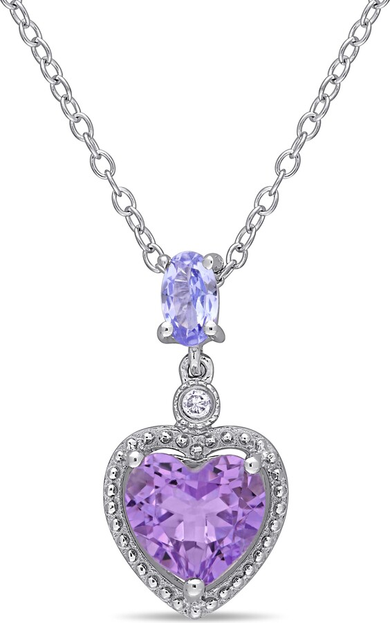 Mimi & Max Diamond Tanzanite and Heart Shaped Amethyst Necklace in Sterling Silver