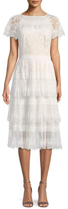 Tadashi Shoji Pleated Lace Tiered Dress