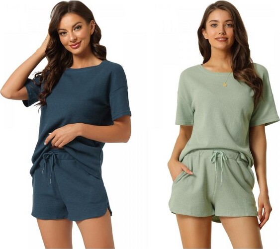 INSPIRE CHIC INSPIRECHICWomen's2PcsLoungeSetsWaffleOutfitsT-shirtandShortsLoungewearSweatsuitsPajamaSetsX-LargeBlue/Green
