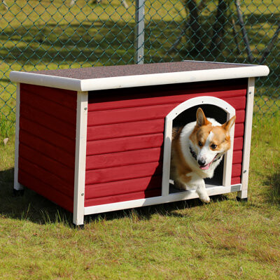 Ophelia & Co. Large Wooden Outdoor Dog House, Waterproof Roof, Elevated Floor, Adjustable Plastic Feet