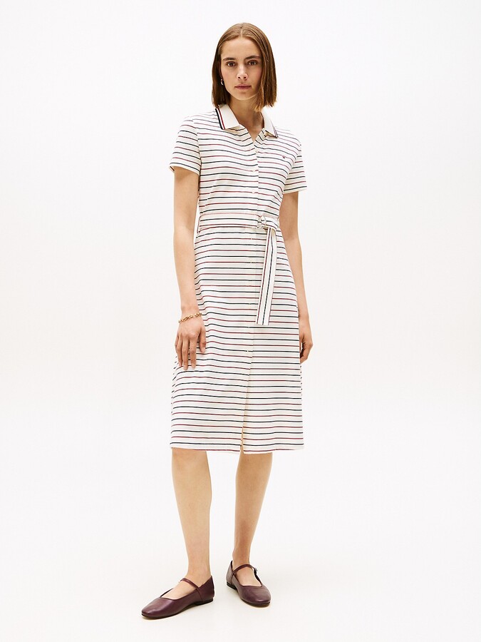 Tommy Hilfiger Women's Belted Stretch Pique Polo Midi Dress - White - L