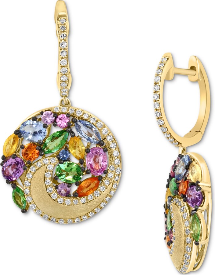 Effy Multi-Gemstone (3-1/6 ct. t.w.) & Diamond (3/8 ct. t.w.) Swirling Circle Dangle Hoop Drop Earrings in 14k Gold