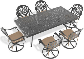 Banior All-weather 7 Dining : Cast Aluminum, 6 Rotating Chairs, Rectangular Table - Comfortable Seating Aluminum Construction, Swivel To Harsh Weather Condit