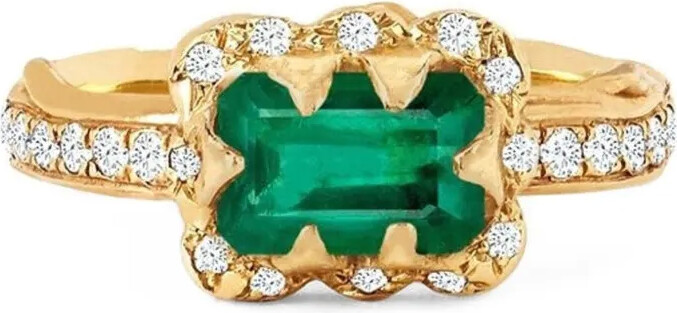 Logan Hollowell 14K yellow gold micro Queen diamond and emerald ring