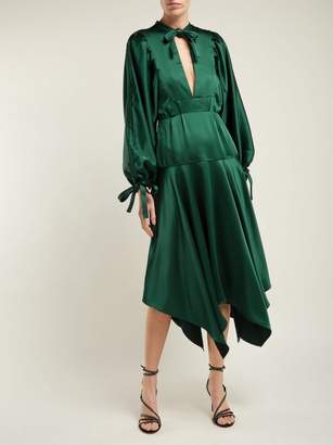 Self-Portrait Handkerchief Hem Satin Dress - Womens - Dark Green
