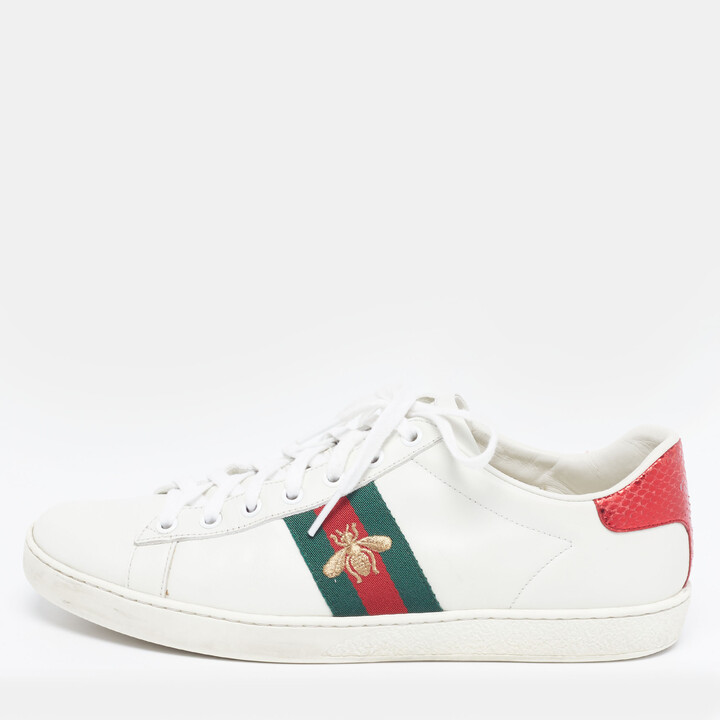Gucci Ace Size 40 White Leather and Snakeskin Embossed Web Low Top Sneakers